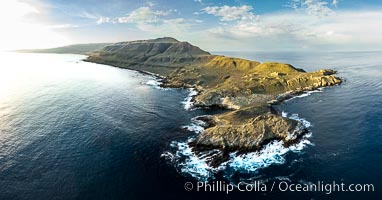 San Clemente Island aerial photo, Pyramid Head and Balanced Rock at the southern end of the island.  San Clemente Island Pyramid Head, the distinctive pyramid shaped southern end of the island, exhibits distinctive geologic terracing, underwater reefs and giant kelp forests
