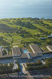 Torrey Pines Lodge and Torrey Pines Golf Course, with the Pacific Ocean in the distance, La Jolla, California