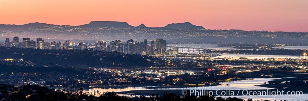 San Diego and Tijuana City Skyline at sunrise, panoramic photo, viewed from Mount Soledad