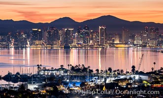 San Diego Bay and City Skyline at Sunrise, Mount San Miguel, viewed from Point Loma