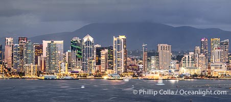 San Diego Bay and Downtown City Skyline at Dawn, Mount San Miguel in the distance