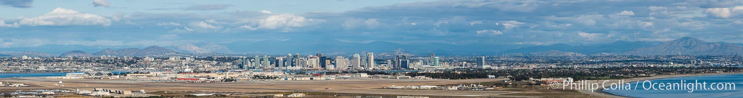 Coronado Island and Hotel del Coronado City skyline, viewed from Point Loma, panoramic photograph, San Diego, California