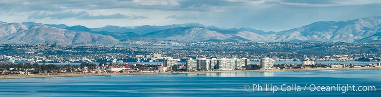 Hotel Del Coronado and Coronado Island City Skyline, viewed from Point Loma, panoramic photograph, San Diego, California