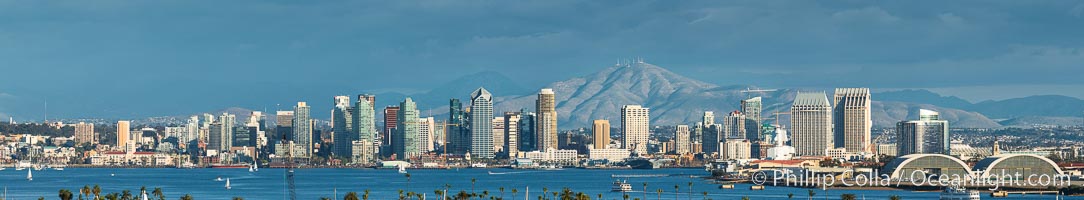 San Diego Bay and Skyline, viewed from Point Loma, Mount San Miguel rising in the distance, panoramic photograph