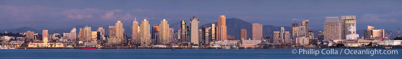 San Diego Bay and Skyline at sunset, viewed from Point Loma, panoramic photograph