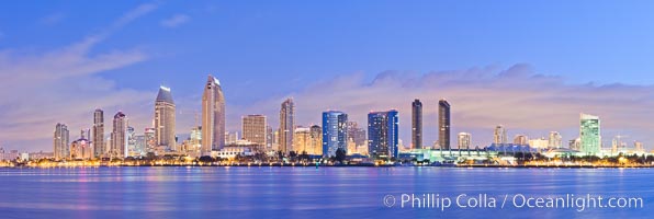 San Diego bay and skyline at sunrise, viewed from Coronado Island.