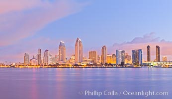 San Diego bay and skyline at sunrise, viewed from Coronado Island.