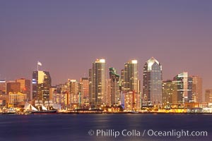 San Diego city skyline at dusk, viewed from Harbor Island