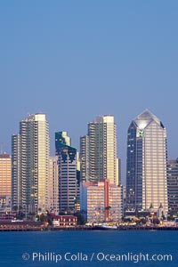 San Diego city skyline at dusk, viewed from Harbor Island