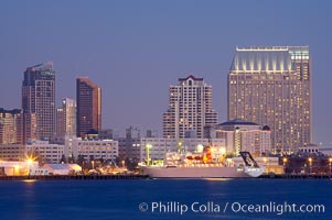 San Diego city skyline and cruise ship terminal at dusk, viewed from Harbor Island