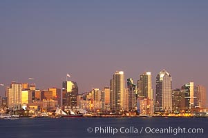 San Diego city skyline at dusk, viewed from Harbor Island
