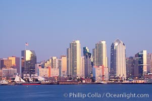 San Diego city skyline at dusk, viewed from Harbor Island