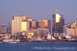 San Diego city skyline at dusk, viewed from Harbor Island