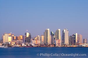 San Diego city skyline at dusk, viewed from Harbor Island