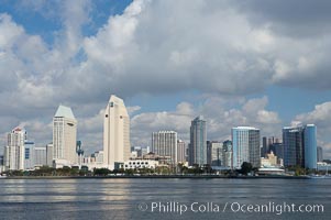 San Diego downtown waterfront skyline, viewed across San Diego Bay from Coronado Island.