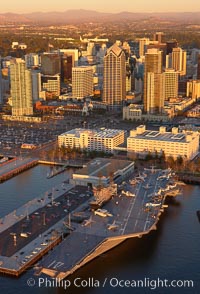 Downtown San Diego and USS Midway.  The USS Midway was a US Navy aircraft carrier, launched in 1945 and active through the Vietnam War and Operation Desert Storm, as of 2008 a museum along the downtown waterfront in San Diego