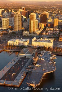 Downtown San Diego and USS Midway.  The USS Midway was a US Navy aircraft carrier, launched in 1945 and active through the Vietnam War and Operation Desert Storm, as of 2008 a museum along the downtown waterfront in San Diego