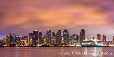 San Diego City Skyline viewed from Harbor Island, storm clouds at sunrise