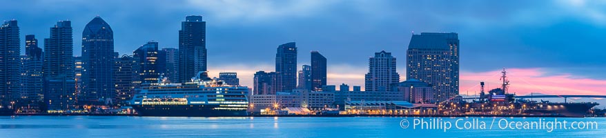 San Diego City Skyline viewed from Harbor Island, storm clouds at sunrise. California, USA, natural history stock photograph, photo id 28846