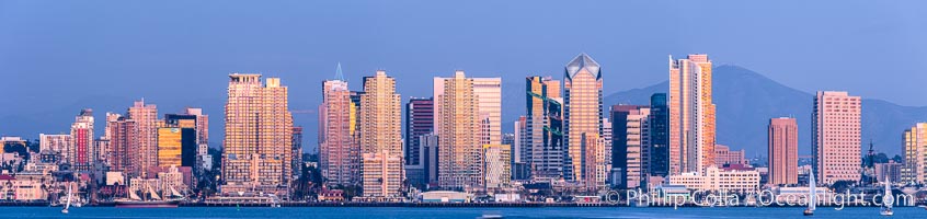 San Diego City Skyline at Sunset, viewed from Point Loma, panoramic photograph. California, USA, natural history stock photograph, photo id 36651