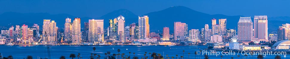 San Diego City Skyline at Sunset, viewed from Point Loma, panoramic photograph