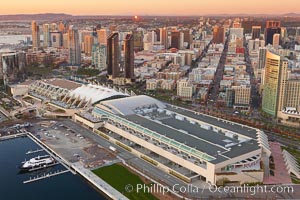 San Diego Convention Center, located in the Marina District of downtown San Diego.  Built in 1989, the San Diego Convention Center offers 525,700 square feet of exhibit space.  It is noted for its distinctive "sails" made of Teflon-coated fiberglass suspended over the central exhibition hall, aptly named Sails Pavilion