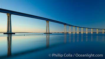 San Diego Coronado Bridge, linking San Diego to the island community of Coronado, spans San Diego Bay.  Dawn