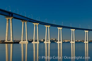 San Diego Coronado Bridge, linking San Diego to the island community of Coronado, spans San Diego Bay.  Dawn