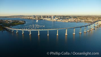 San Diego Coronado Bridge, known locally as the Coronado Bridge, links San Diego with Coronado, California.  The bridge was completed in 1969 and was a toll bridge until 2002.  It is 2.1 miles long and reaches a height of 200 feet above San Diego Bay.  Coronado Island is to the left, and downtown San Diego is to the right in this view looking north