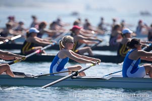 Start of the women's JV final, UCLA boat in foreground, 2007 San Diego Crew Classic, Mission Bay