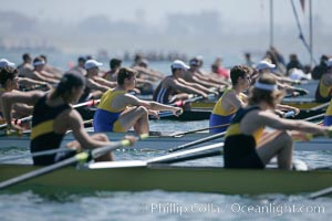 Awaiting the start of the men's Cal Cup, UCLA in focus, 2007 San Diego Crew Classic, Mission Bay