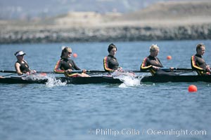 USC women warm up at the starting line.  They would win the finals of the Jessop-Whittier Cup, 2007 San Diego Crew Classic, Mission Bay