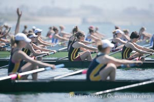 Awaiting the start of the finals of Jessop-Whittier Cup, USC (in focus) women would win, 2007 San Diego Crew Classic, Mission Bay