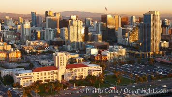 San Diego Country Administration Building, with downtown San Diego office buildings behind, sunset