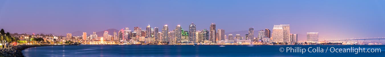 San Diego downtown city skyline at night, viewed from Harbor Island