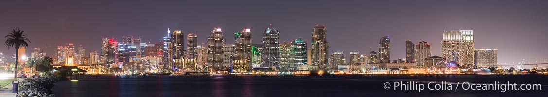 San Diego downtown city skyline at night, viewed from Harbor Island