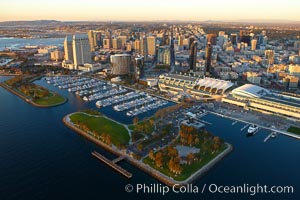 San Diego Embarcadero Marina Park, with yacht basin, San Diego Convention Center (right), Marriott (center) and Grand Hyatt (left) hotels.