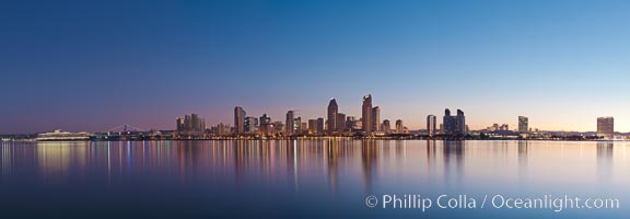 San Diego downtown city skyline and waterfront, sunrise, dawn, viewed from Coronado Island