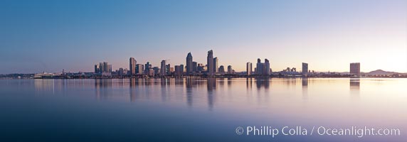 San Diego downtown city skyline and waterfront, sunrise, dawn, viewed from Coronado Island