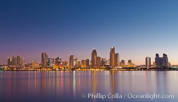 San Diego downtown city skyline and waterfront, sunrise, dawn, viewed from Coronado Island.