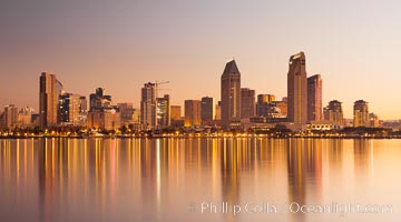 San Diego downtown city skyline and waterfront, sunrise, dawn, viewed from Coronado Island