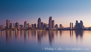 San Diego downtown city skyline and waterfront, sunrise, dawn, viewed from Coronado Island