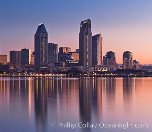 San Diego downtown city skyline and waterfront, sunrise, dawn, viewed from Coronado Island.