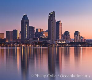 San Diego downtown city skyline and waterfront, sunrise, dawn, viewed from Coronado Island