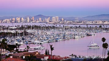 San Diego harbor and skyline, viewed at sunset