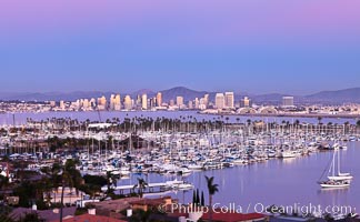 San Diego harbor and skyline, viewed at sunset