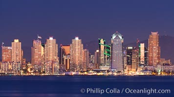 San Diego harbor and skyline, viewed at sunset.