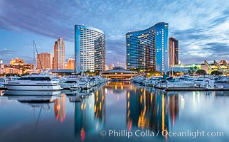 San Diego Marriott Hotel and Marina, and Manchester Grand Hyatt Hotel (left) viewed from the San Diego Embarcadero Marine Park, sunrise