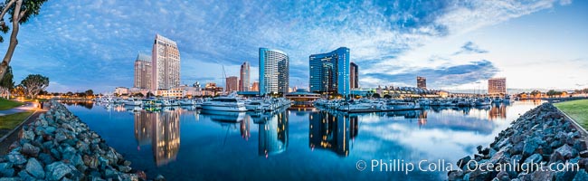 San Diego Marriott Hotel and Marina, and Manchester Grand Hyatt Hotel (left) viewed from the San Diego Embarcadero Marine Park, sunrise