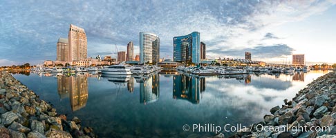 San Diego Marriott Hotel and Marina, and Manchester Grand Hyatt Hotel (left) viewed from the San Diego Embarcadero Marine Park, sunrise